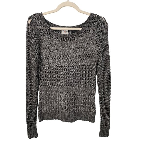 Harley Davidson Open Knit Pullover Sweater Womens Medium Gray Acrylic Blend Cozy - Picture 1 of 8